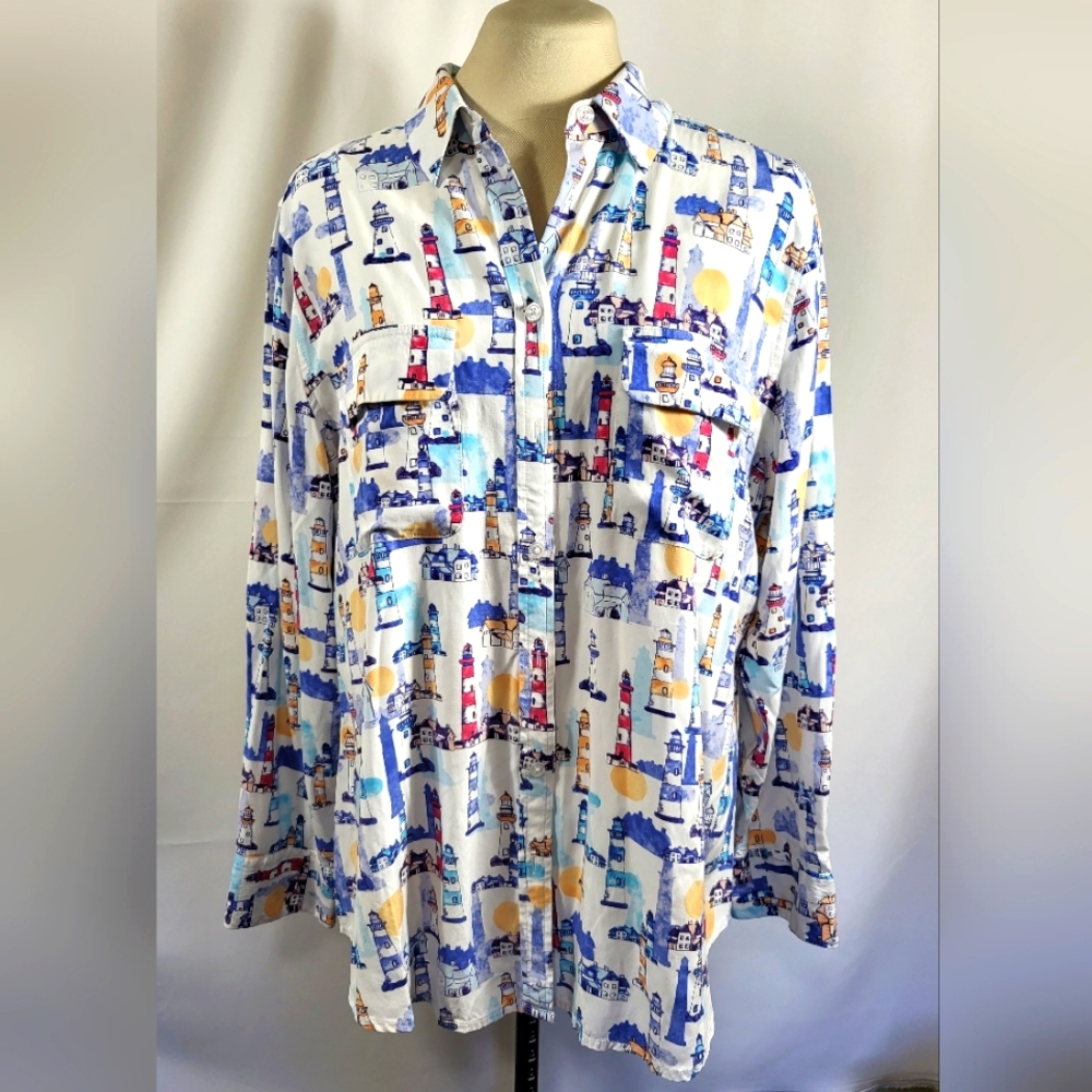 Chico's white blue red button up shirt women's 12 / 14 #906
